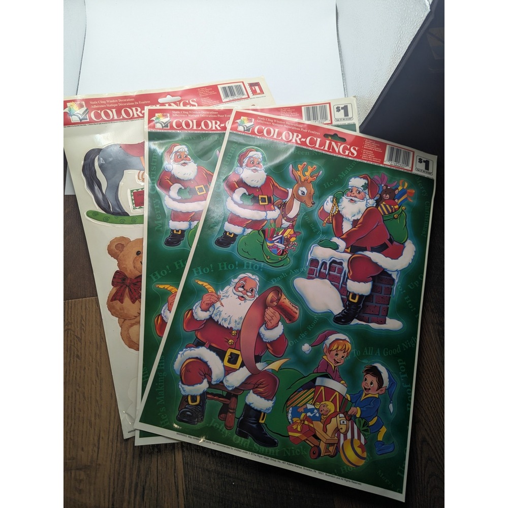 3 Vintage 2001 Color-Clings Christmas Window‎ Clings Santa Elves Reindeer Toys